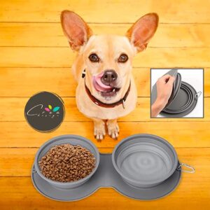 Crea DOUBLE-Ciotola portatile doppia, pieghevole per animali domestici,cani e gatti. In silicone alimentare, con moschettone, da Viaggio.